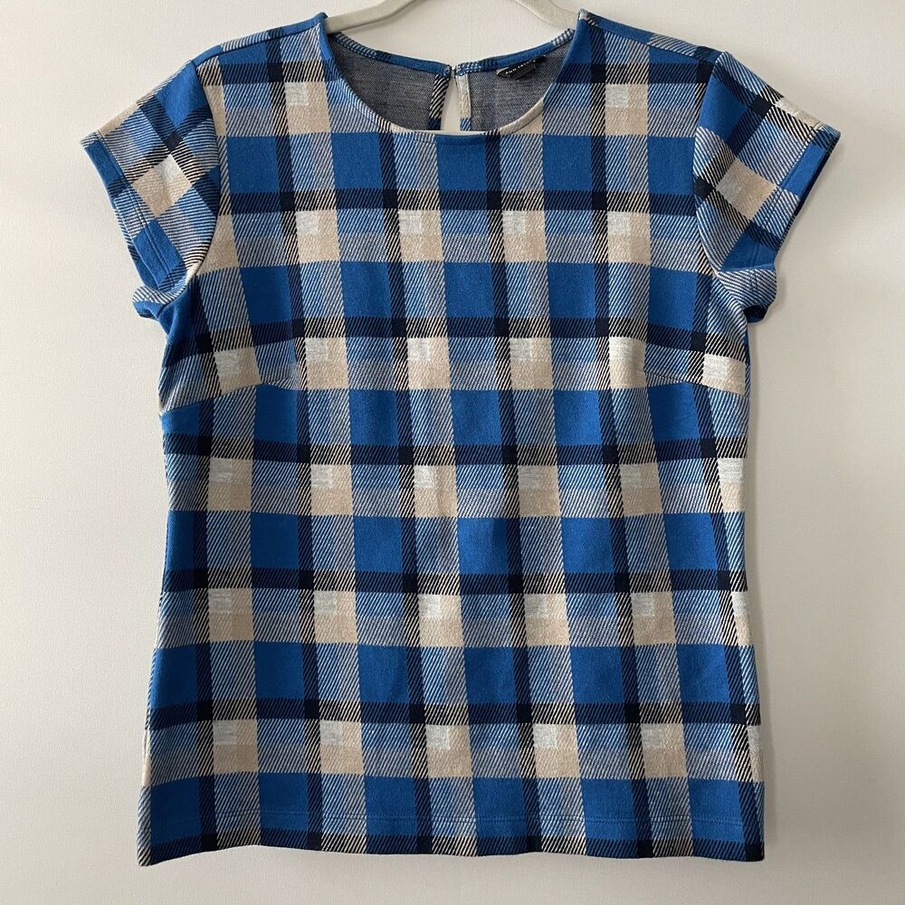 Ann Taylor Blouse Plaid Cap Sleeve Blue Ivory Women's Size M-(dp)